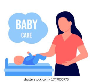 Young abstract mother takes care of newborn baby boy. Kid lies on changing table. Happy mother is dressing her baby. Parent's love for his son. Vector illustration