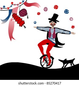 young acrobat juggling on a unicycle followed by his dog under party decoration