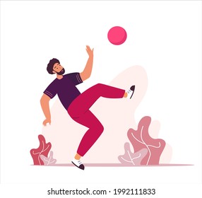 Young Active Bearded Man Playing Football,Having Fun Outdoor.Sports Guy Jump with Ball.Bright picture for blogs,social media,prints,poster.Flat vector isolated on white background illustration