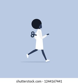 Young active black character running with a clockwork mechanism. Efficiency conceptual illustration. Flat editable vector illustration, clip art