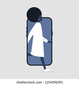 Young active black female character stepping out of the smartphone screen. Millennial user. Mobile. Technologies. Flat editable vector illustration, clip art