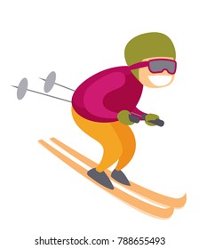 Young active caucasian white skier in ski mask skiing downhill in high mountains. Concept of outdoor winter sport and recreation. Vector cartoon illustration isolated on white background.