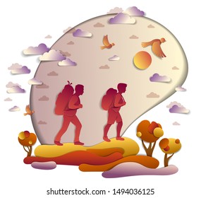 Young active couple hiking in autumn through meadows and fields with trees and birds in the fall sky. Boyfriend and girlfriend hikers having time of rest in nature, vector illustration.