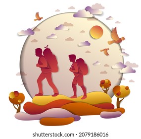 Young active couple hiking in autumn through meadows and fields with trees and birds in the fall sky. Boyfriend and girlfriend hikers having time of rest in nature, vector illustration.