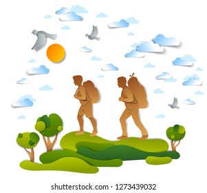 Young active couple hiking through meadows and fields with trees and birds in the summer sky. Boyfriend and girlfriend hikers having time of rest in nature, summer holidays, vector illustration.