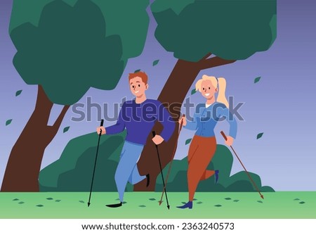 Young active couple performing nordic walking with sticks in natural landscape on cloudy windy day. Healthy exercise in park. Vector flat illustration of outdoor sport activity, wellness hobby