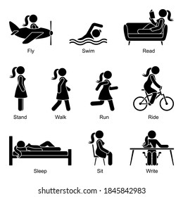 Young Active Cut Out Stick Figure Woman Flying, Swimming, Reading, Standing, Walking, Going, Running, Riding, Sleeping, Sitting, Writing Vector Illustration Pictogram Icon Set On White