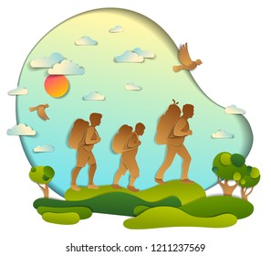 Young active family hiking to nature with grasslands and trees, father, mother and son. Vector illustration of beautiful summer scenic landscape, birds in the sky, holidays.