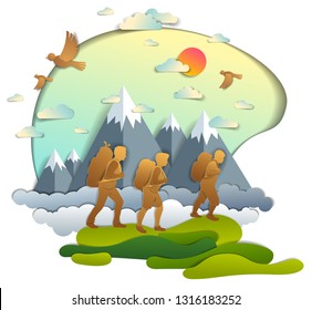 Young active family hiking to nature with mountain range, father, mother and son. Vector illustration of beautiful summer scenic landscape, birds in the sky, holidays.