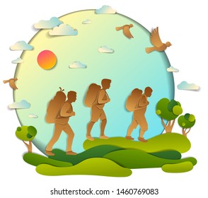 Young active family hiking to nature with grasslands and trees, father, mother and son. Vector illustration of beautiful summer scenic landscape, birds in the sky, holidays.