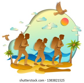 Young active family hiking to wild beach with sea ocean waves and palms, father, mother and son. Vector illustration of beautiful scenic seascape, birds in the sky, summer holidays.