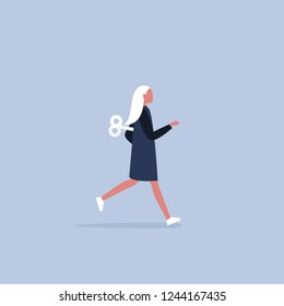 Young active female character running with a clockwork mechanism. Efficiency conceptual illustration. Flat editable vector illustration, clip art