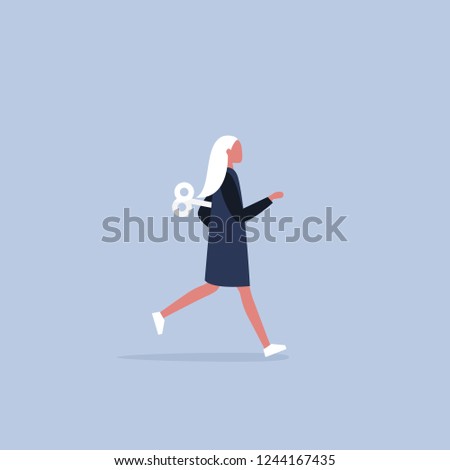 Young active female character running with a clockwork mechanism. Efficiency conceptual illustration. Flat editable vector illustration, clip art