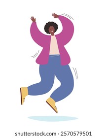 
A young active girl jumps joyfully, cheerful. Happy emotion woman moves. Vector flat graphics.