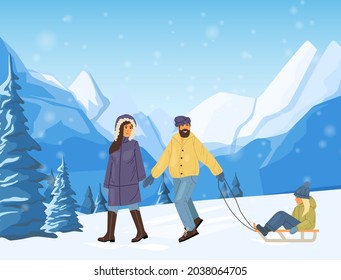 Young active happy family walking and ride child on sled in snow among snow-capped mountains landscape. Winter holidays in mountains cartoon vector