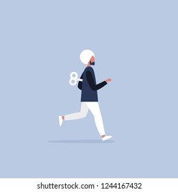 Young active indian character running with a clockwork mechanism. Efficiency conceptual illustration. Flat editable vector illustration, clip art