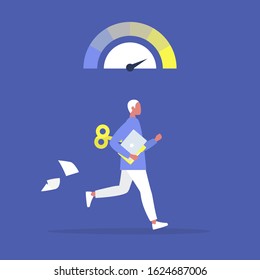Young active male character running with a clockwork mechanism, Efficiency at work, modern life speed and pressure
