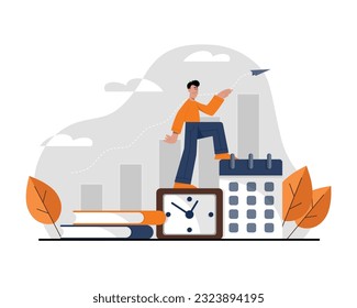 Young active male climbs stairs with diagrams on background, organizing time. Doing different tasks and activities. Time management efficiency. Good business process. Vector flat illustration
