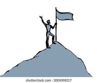 Young active male guy worker figure first go rise up arm hold glory triumph hope outline black hand drawn human mount mission purpose finish way logo art doodle cartoon line view white sky space styl