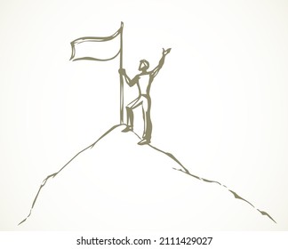 Young active male guy worker figure first go rise up arm hold glory triumph hope outlin black hand drawn human mount mission purpose finish way logo art doodle cartoon line view white sky space style