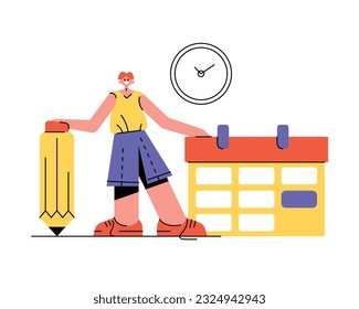 Young active male standing near big pencil and calendar and smiling. Man doing different tasks and activities. Time management efficiency. Good business process. Colorful vector illustration