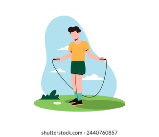 Joven activo haciendo Jump rope. Saltarse el ejercicio cardiovascular. Diseño plano para la ilustración del concepto del deporte y del ocio.