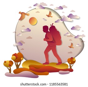 Young active man hiking in autumn to nature with grasslands and trees, vector illustration of beautiful autumnal scenic landscape, birds in the sky, vacation.