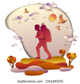 Young active man hiking in autumn to nature with grasslands and trees, vector illustration of beautiful autumnal scenic landscape, birds in the sky, vacation.