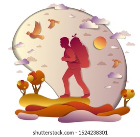 Young active man hiking in autumn to nature with grasslands and trees, vector illustration of beautiful autumnal scenic landscape, birds in the sky, vacation.
