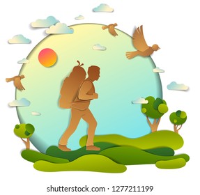 Young active man hiking to nature with grasslands and trees, vector illustration of beautiful summer scenic landscape, birds in the sky, holidays.