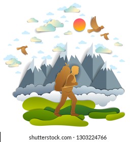 Young active man hiking to nature with mountain peaks in background, vector illustration of beautiful summer scenic mountain range landscape, birds in the sky, holidays.