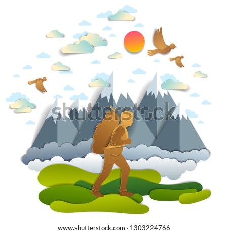 Young active man hiking to nature with mountain peaks in background, vector illustration of beautiful summer scenic mountain range landscape, birds in the sky, holidays.