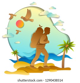 Young active man hiking to sea shore with palms and waves in background, vector illustration of beautiful summer scenic wild beach landscape, birds in the sky, holidays.
