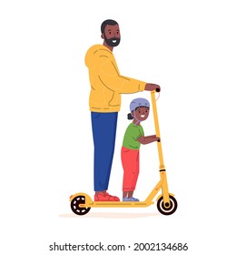Junge aktive Mann fährt mit einem Kind einen Roller. Vater verbringt Zeit mit Tochter. Alternative, moderne Öko-städtische Verkehrsmittel, gesunder Lebensstil. Flache Vektorgrafik einzeln auf weißem Hintergrund 