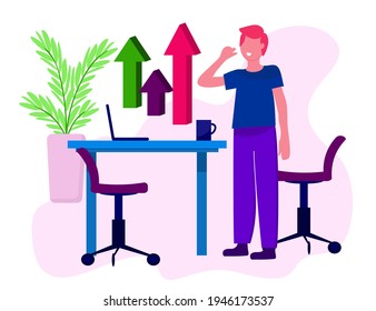 A young, active man works in an office, analyzes data, develops an idea and a strategy. Office work, marketing, communications. illustration for a website, mobile app, or article.