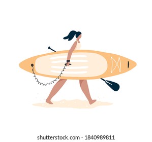 Young active olive skin woman carrying her paddle board and paddle on the beach. Summer water sports. Hand drawn flat vector illustration.