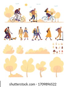 Young active people, natural park construction set. Man woman, girlfriend boyfriend, loving couple, cyclist, scooter rider. Trees, bushes, grass, mushroom, leaves collection. Outdoor fall activity