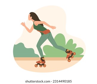 Jóvenes activos usando transporte ecológico. Chica de morena de dibujos animados patinando en patines de ruedas. Ilustración de estilo plano vectorial aislada en fondo blanco