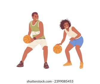 Young active sports man and woman cartoon characters enjoying basketball game isolated on white