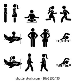 Young Active Stick Figure Man And Woman Couple Flying, Swimming, Standing, Walking, Running, Sitting, Meditating Vector Illustration Pictogram Icon Set On White