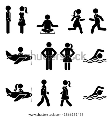 Young active stick figure man and woman couple flying, swimming, standing, walking, running, sitting, meditating vector illustration pictogram icon set on white
