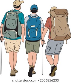 Young active traveling together with backpacks. Colored flat vector illustration of travelers isolated on white background