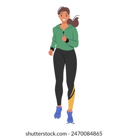 Joven, Mujer Activa Trotando, Exuda Un Sentido Del Movimiento Y Estilo De Vida Saludable, Vista Frontal. Concepto de fitness y bienestar con la muchacha en ropa deportiva elegante y zapatillas de running. Ilustración vectorial de dibujos animados