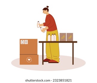 Young active woman packing boxes with humanitarian help in non-profit organization. Volunteer prepare boxes with medical supplies. Flat vector illustration in red and yellow colors