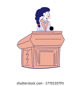 A young activist girl in a business suit behind a podium makes a speech. Girl politician. School debate. Vector illustration, blue line, in cartoon style