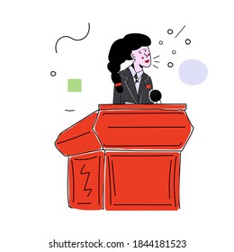 A young activist girl in a business suit behind a podium makes a speech. Girl politician. Vector illustration with contour in hand drawn style.