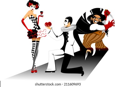 young actress dressed as Harlequin and a glass of red wine in hand