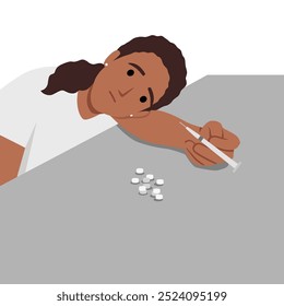 Una mujer joven adicta necesita ayuda médica para dejar de usar antidepresivos y sustancias narcóticas. Ilustración vectorial plana aislada sobre fondo blanco