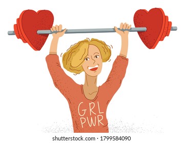 Young adorable happy feminist woman pushed up barbell with heart shaped weights on it vector illustration, smiling woman with GRL PWR on her sweater shows the real power of women.