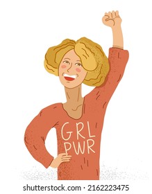 Joven adorable y feliz mujer feminista muestra puño apretado en la ilustración vectorial aislada, sonriendo niña por la igualdad y luchadora por los derechos de la mujer y protesta.